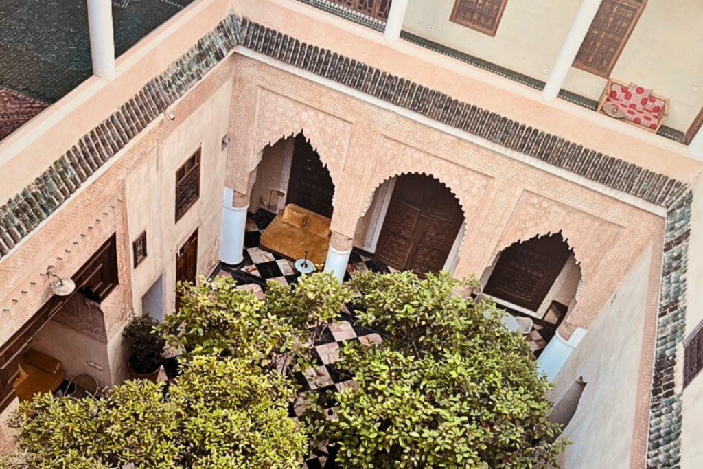 Traditional Moroccan riad courtyard viewed from above in Marrakech medina