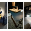 Triptych of hotel room details with a blue chair, travel bag and bed