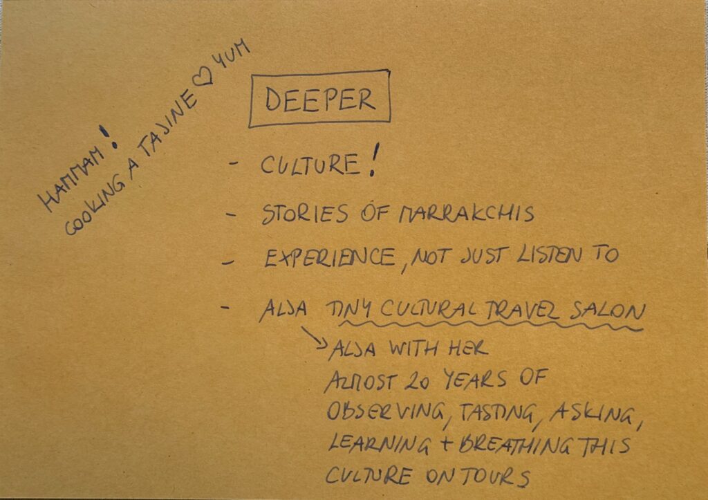Handwritten planning notes about cultural depth and storytelling in Marrakech