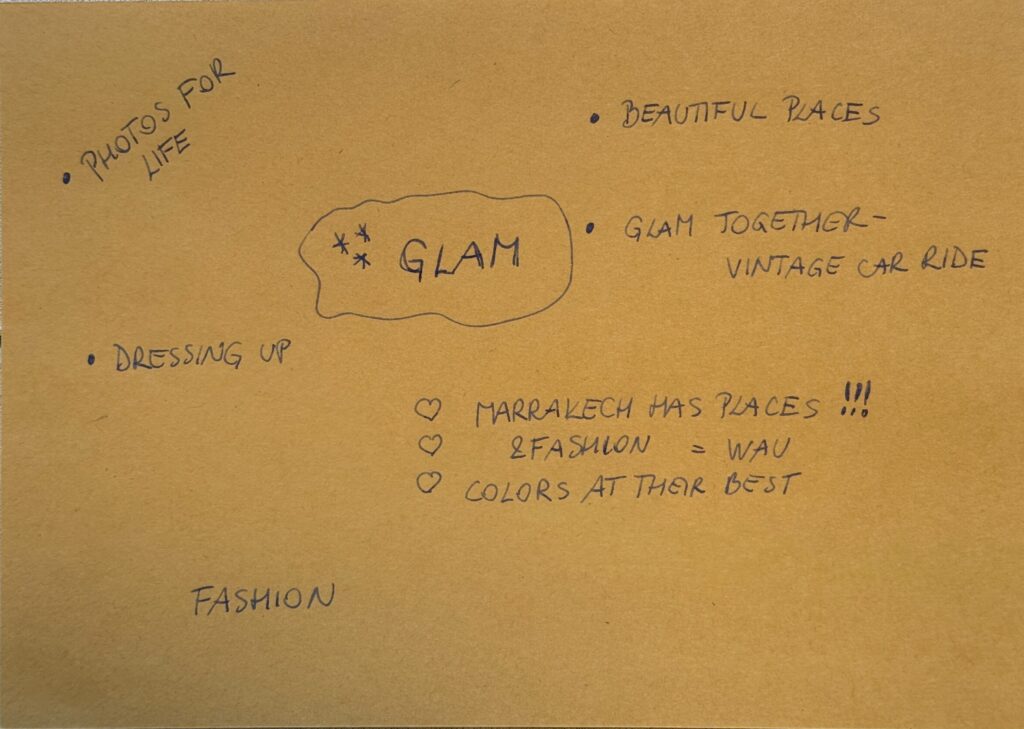 Handwritten planning notes about glamour, fashion and beautiful places for the Marrakech tour