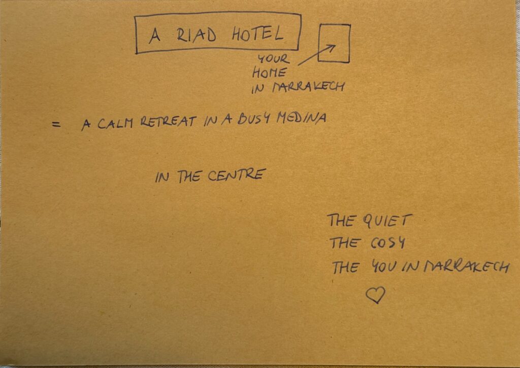 Handwritten planning notes about choosing one riad as a home in the Marrakech medina.