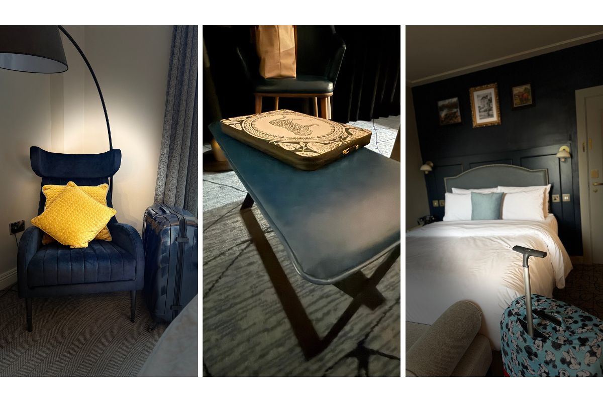Triptych of hotel room details with a blue chair, travel bag and bed